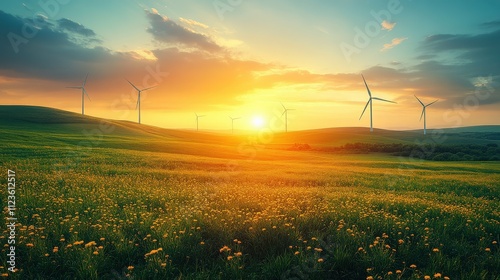 Beautiful Sunset Over Rolling Hills Filled with Vibrant Wildflowers and Wind Turbines, Capturing the Essence of Renewable Energy and Natural Beauty