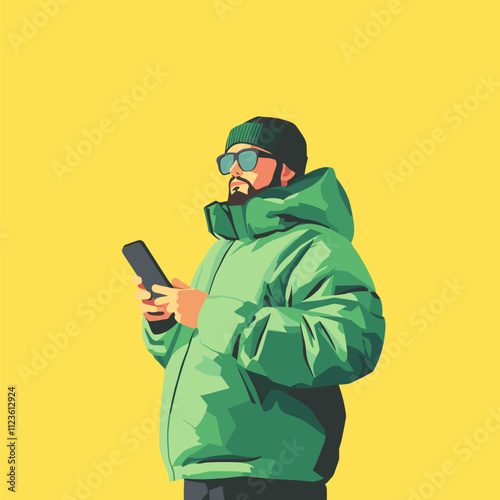 Stylish Man in Green Puffer Jacket Using Smartphone