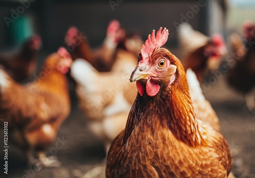 Close up of a brown hen in a barnyard or poultry farm photo