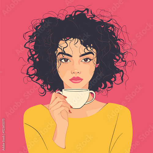 Girl with Curly Hair Drinking Coffee, Pop Art Style