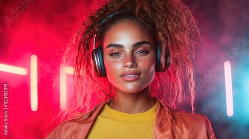 A joyful woman with freckles and headphones, bathed in vibrant red and blue lights, showcases an energetic and spirited personality amidst an immersive audio experience. photo