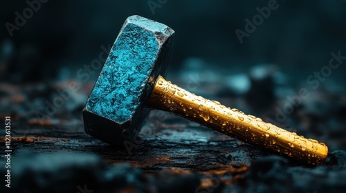 A vibrant hammer with a blue head and golden handle is beautifully displayed on a dark background, infusing a modern, striking visual appeal. photo