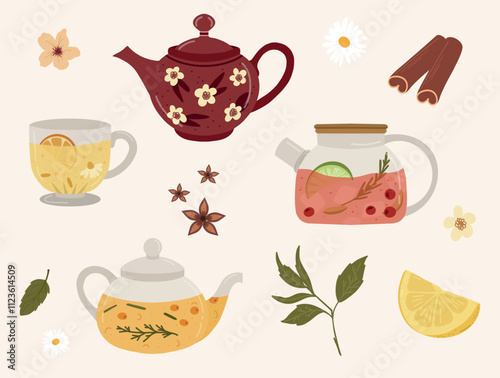 Set of teapots, and cups with fruits, lemon, and herbal tea. Cartoon hot drinks