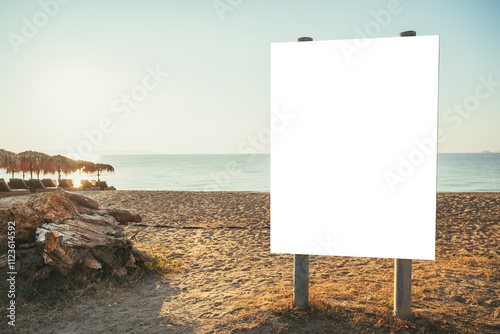 Mockup of blank white information board on sandy beach in summer, holiday vacation concept background