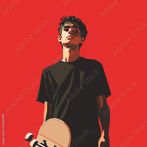Contemplative Skateboarder Against Bold Red Background