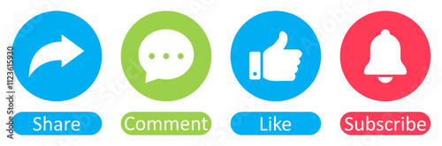 Like, Share, comment and subscribe icons buttons set with different color. Like icon, thumb up, subscribe, comment icon, repost and share icon button. Social media notification. Vector illustration.