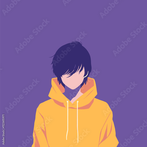 Minimalist Anime Boy in Yellow Hoodie: Purple Background