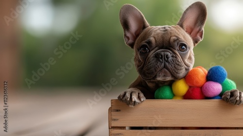 An eager French Bulldog peers over the top of a wooden box, surrounded by colorful pom-pom toys in an outdoor setting, evoking playfulness and curiosity. photo