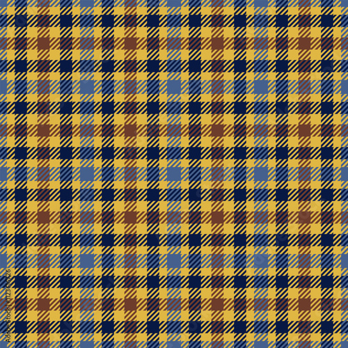 Checkered plaid vector seamless pattern in yellow and blue, Gingham style