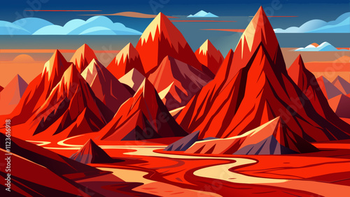 Vibrant red mountains and winding river under a colorful sky at sunset in a serene landscape