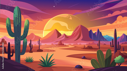 Sunset in a colorful desert landscape with cacti and mountains under a vivid sky