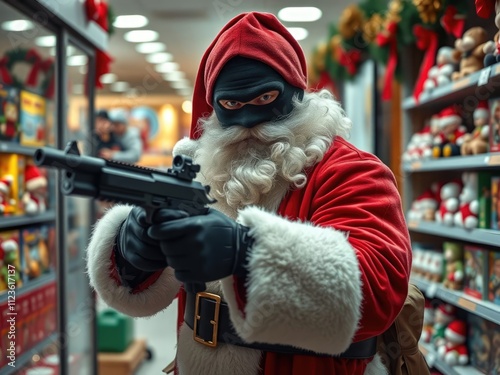 Bad santa claus wearing balaclava aiming with assault rifle in toy store photo