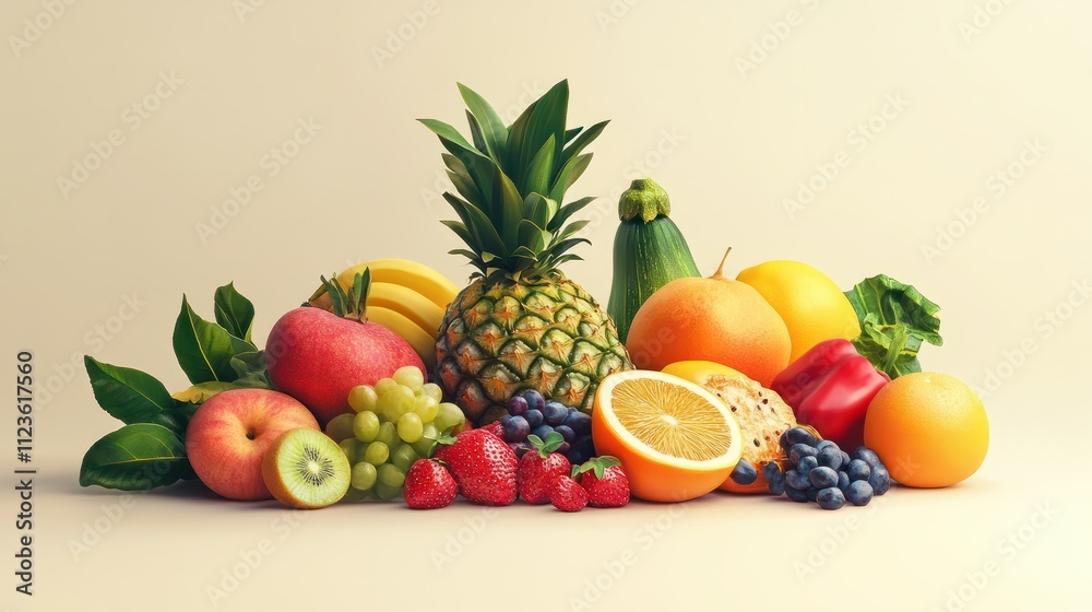 A diverse and colorful selection of fresh fruits and vegetables placed on a light background, showcasing a balanced diet and healthy eating concept with natural elements. A diverse and colorful selection of fresh fruits and vegetables placed on a light background, showcasing a balanced diet and healthy eating concept with natural elements.
