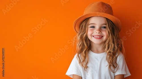 A girl beams with a white t-shirt and orange hat, set against an orange background. Her spirited and playful demeanor embodies youthful joy and warmth. photo