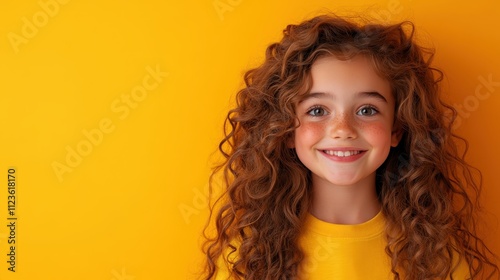 A girl with curly hair gives a broad smile against a yellow background. Her expression radiates happiness and innocence, capturing the essence of youthful delight. photo