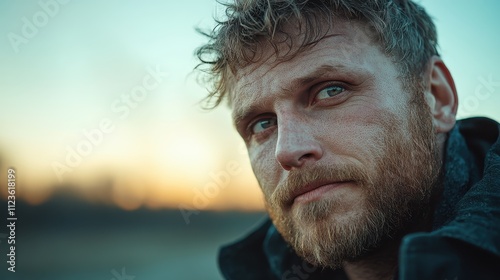 A rugged man with a contemplative gaze is seen outdoors at sunset, surrounded by natural elements and exuding an air of mystery and reflection. photo