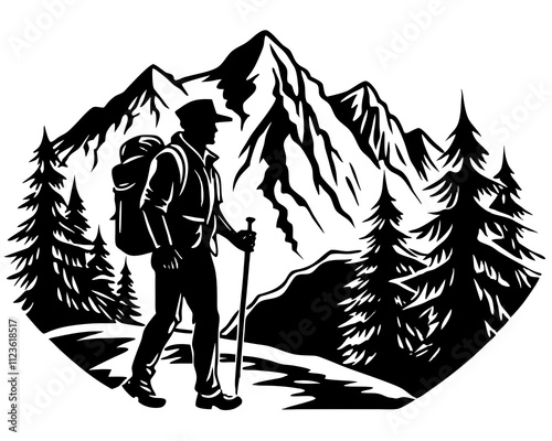 Mountain Hiking Man Silhouette Vector