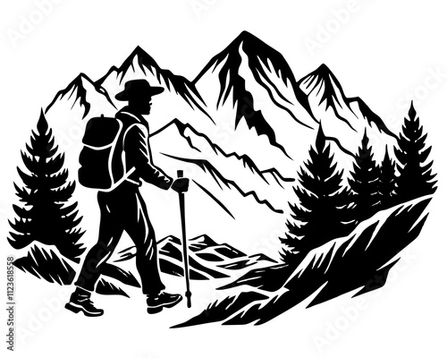 Mountain Hiking Man Silhouette Vector