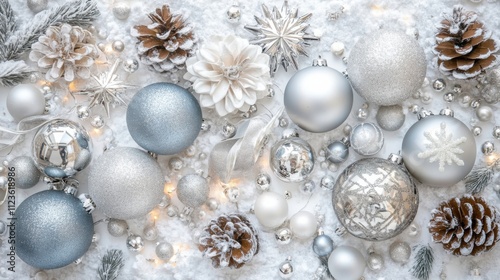 Snowy Christmas delight: Top-down view of glistening baubles, ribbons, pinecones, fairy lights, and sequins on a white winter background, perfect for festive messaging or promotions