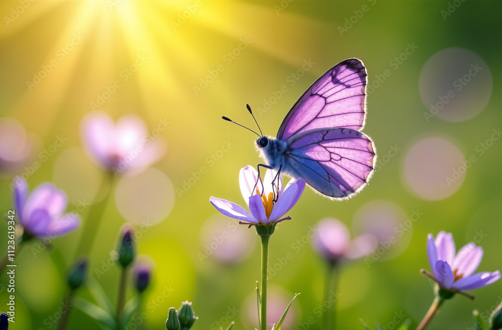 A butterfly rests on a vibrant flower, sparkling in the warm sunlight of a tranquil garden full of beauty. Hello spring.