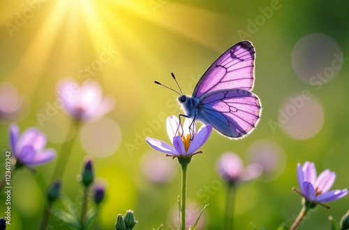 Obraz na płótnie A butterfly rests on a vibrant flower, sparkling in the warm sunlight of a tranquil garden full of beauty. Hello spring. w salonie