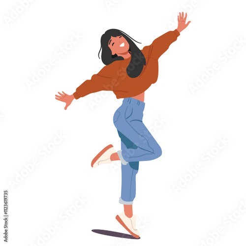 Happy teenage girl cartoon character dancing having fun feeling positive and fine isolated on white