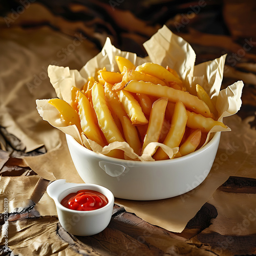 french fries with ketchup and mustard photo