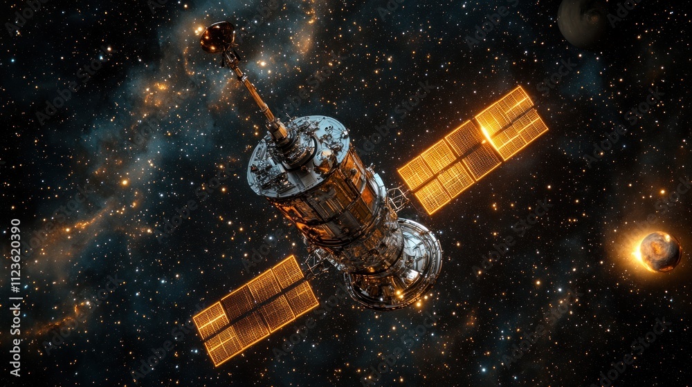 Naklejka premium A space telescope observing the cosmos with solar panels deployed.