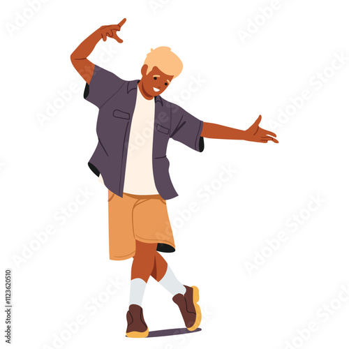 Happy dancing teenager boy cartoon character feeling fun and joy isolated on white background