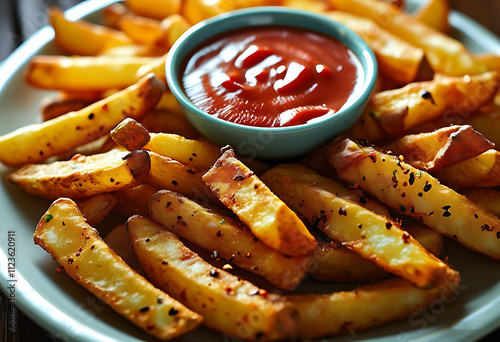 french fries with ketchup and mustard photo