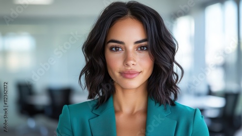 A woman in a teal blazer confidently stands in a modern office space, portraying professionalism and a strong sense of self in a bright, engaged environment. photo