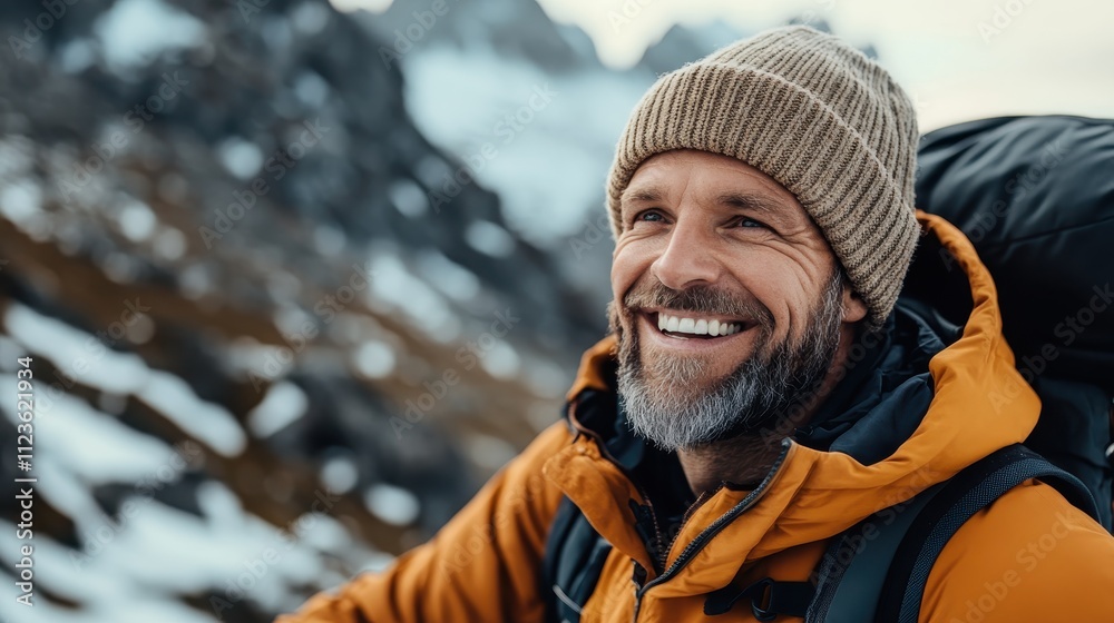 A man dressed warmly in an orange jacket and woolen hat enjoys a hike in a snowy mountainous area, his smile reflective of contentment and adventure. A man dressed warmly in an orange jacket and woolen hat enjoys a hike in a snowy mountainous area, his smile reflective of contentment and adventure.