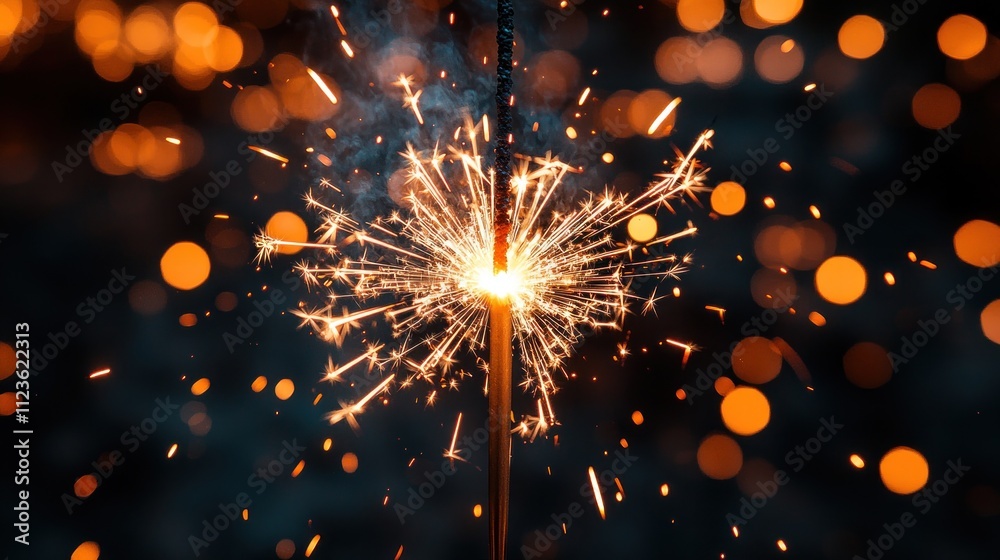 Obraz premium A sparkler igniting with bright sparks and glowing bokeh background.
