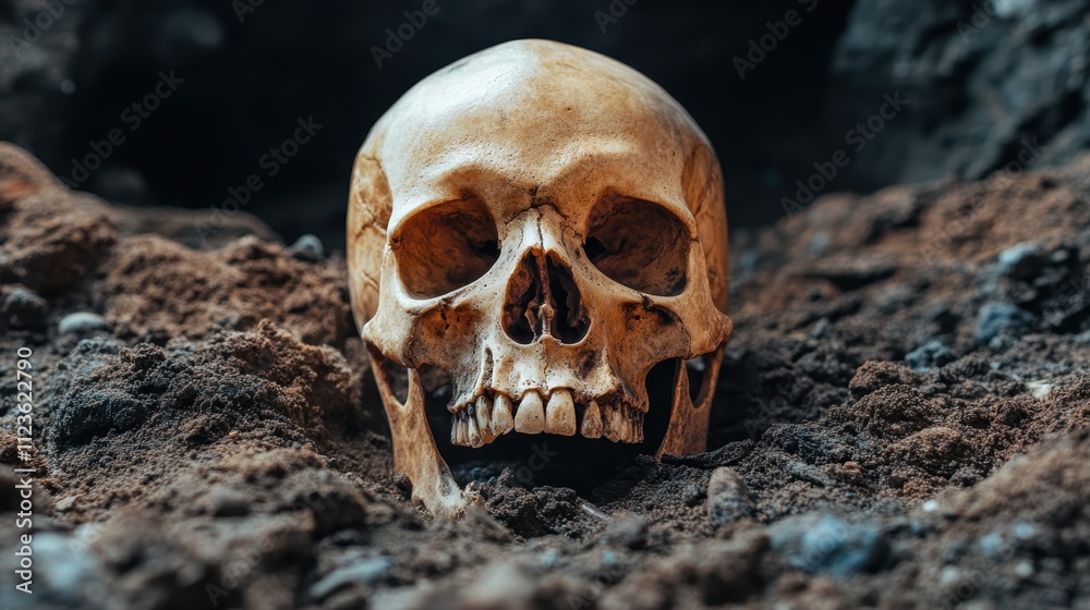 An ancient human skull is partially embedded in the rich, dark soil amidst rocky terrain, inviting thoughts on history, mortality, and archaeological discovery. An ancient human skull is partially embedded in the rich, dark soil amidst rocky terrain, inviting thoughts on history, mortality, and archaeological discovery.