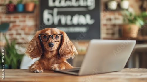 An adorable dachshund sits behind a laptop, wearing glasses with a curious expression, creating a whimsical and cute scene in a creative workspace setting. photo