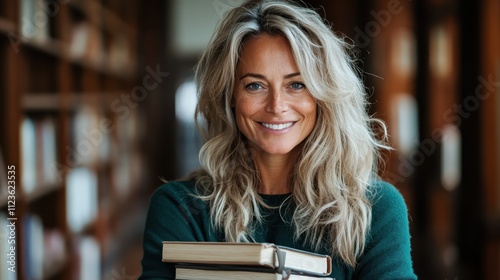 A woman with a smiling face holds a stack of books in a cozy library setting, radiating warmth and intellect, representing knowledge and passion for reading. photo