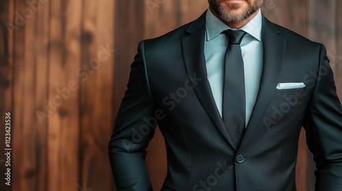 The image shows a man in a sophisticated black suit with a beard, standing confidently against a rustic wooden background, embodying elegance and professionalism. photo