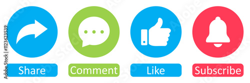 Like, Share, comment and subscribe icons buttons set with different color. Like icon, thumb up, subscribe, comment icon, repost and share icon button. Social media notification. Vector illustration.