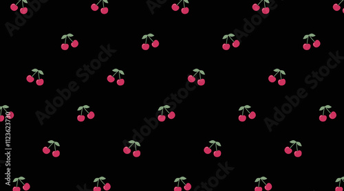 Pattern with cherries on a black background. Red cherry and green leaves on a light background. Seamless vector print. Suitable for fabric, paper gift,  wrapping, textile, wallpaper, card, phone case.