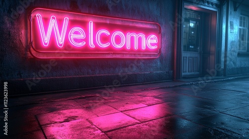 Vector realistic isolated neon sign of  Welcome flyer for template decoration and invitation coverin photo