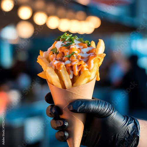 french fries with ketchup and mustard photo