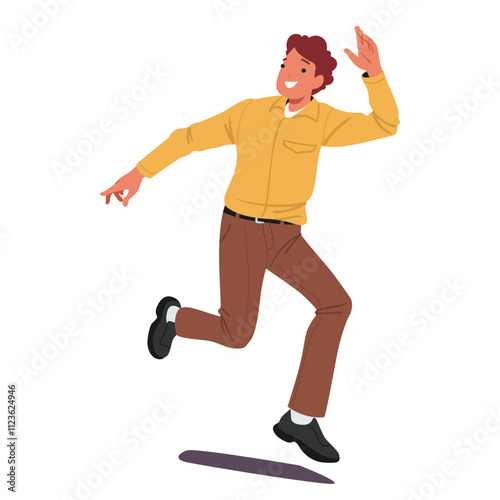 Happy young man cartoon character waving hand hello gesture and running isolated on white background