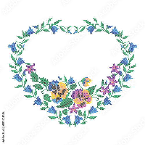 Cross Stitch Flowers Floral Heart Frame Wreath Ukrainian Embroidery Pattern