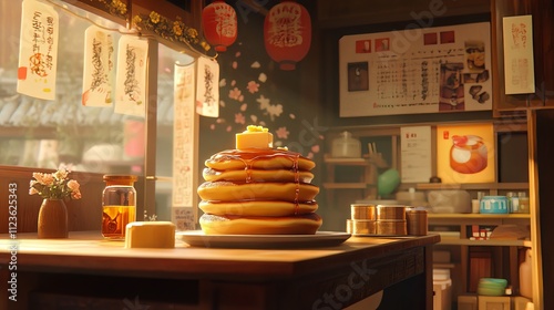 Stack of fresh baked homemade breakfast pancakes with butter and honey or maple syrup drizzles on white wooden table photo