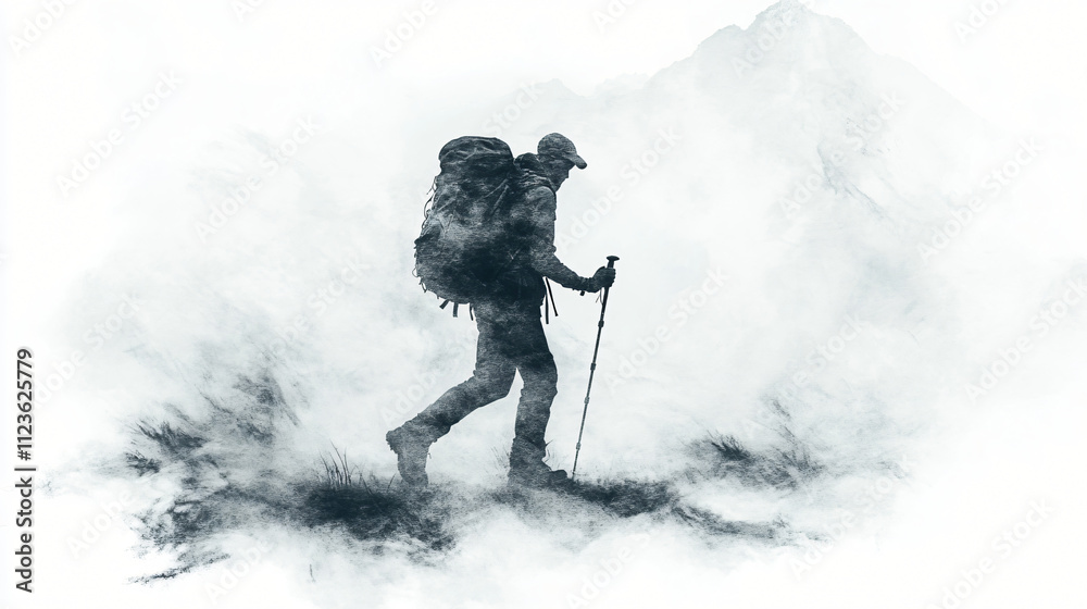 Fototapeta premium A lone hiker treks through dense fog, searching for answers hidden in the mist.