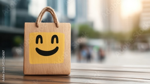 A wooden shopping bag with a cheerful smiley face sits on a table, surrounded by an urban backdrop, This image is perfect for retail themes, positivity, or marketing materials promoting happiness, photo