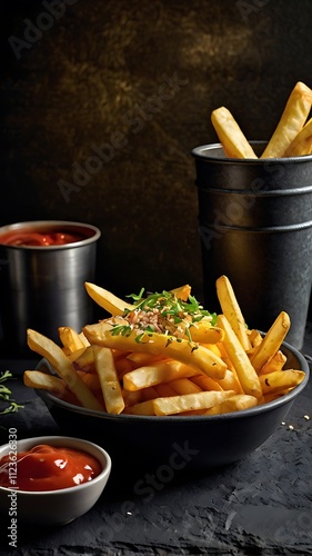 french fries with ketchup and mustard photo