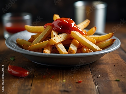 french fries with ketchup and mustard photo