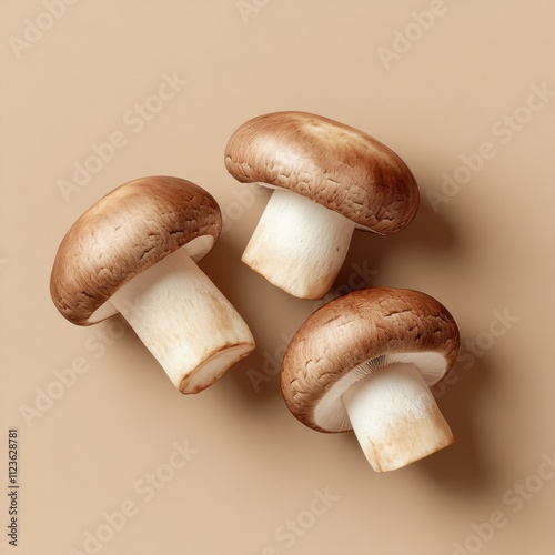 Three mushrooms are displayed on a tan background