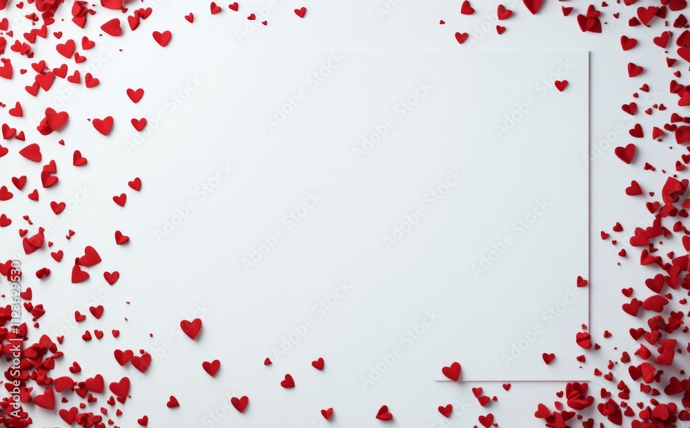 A Valentine's card with hearts, featuring an empty frame decorated with red hearts, displayed on a white wall, generated by AI.